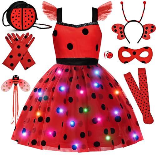 Super Big Sister 11pcs Girls Lady Bug Dress Costume Light Up Kids Toddler Princess Dress Up Clothes Accessories Bag Mask Earrings Headband Halloween Gifts (110)