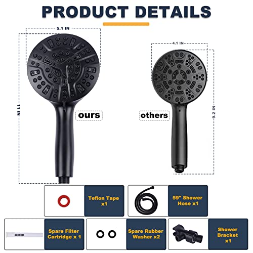 Shower Head With 10 Functions, Craftforce High Pressure Shower Head With Handheld, 8 Spray Settings & 2 Power Jet Modes Shower Head With 5Ft Hose,Bracket,Spare Shower Filter & Rubber Wash,Matte Black #TOP1