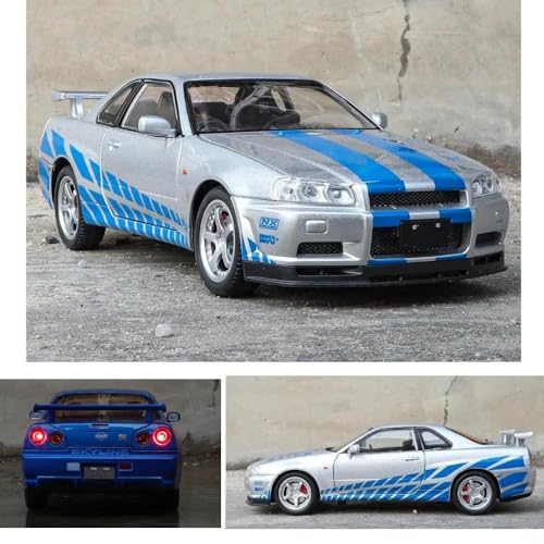 Image of LONGMIRE Metal Pull Back Diecast Car, Multicolor, 1:24 SKYLINER R34 | Pull Back Model, Sound & Light, Boys Gifts Toys for Kids, Pack Of 1