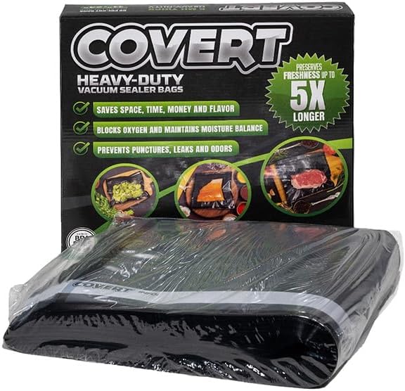 Covert Heavy Duty Vacuum Sealer Bags, 5 Millimeter Thickness, Pre-Cut, BPA Free, Odor Proof Black/Clear, 15 inch x 20 inch, Pack of 50