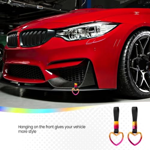 Image of 2PCS Heart Shaped Car Handle Straps, Rear Bumper Warning Keychain Ring for Car Exterior Accessories (Chrome Rainbow Heart - Black)