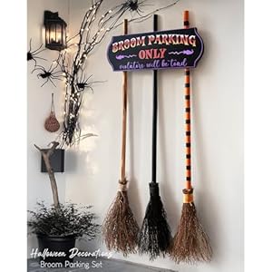 Halloween Decorations – Halloween Decor – Broom Parking Sign with 3 Wooden Witches Brooms – Cute Hocus Pocus Front Porch Wall Decor for Indoor Outdoor Home Office Party Decoration