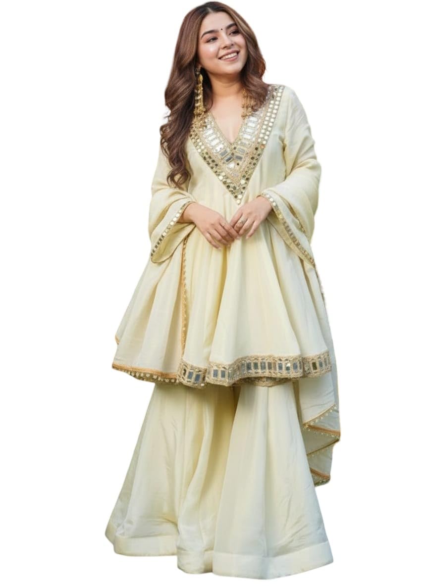 Women's Embroidered Anarkali Kurta Sharara Set Dupatta Cream Ethnic Party Suit Mirror Work V-Neck Flared Sleeves Festive Traditional Outfit Wedding Festival Special Occasions-image-45