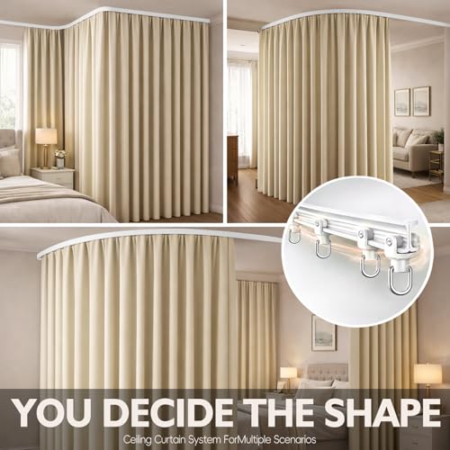 Image of Jilron Room Divider Curtain Ceiling Curtain Track Set for Blackout and Privacy (Beige Curtain + White Track) 106 inch W x 84 inch L -1 Piece