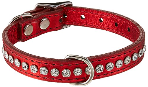 Image of Signature Leather Crystal Dog Collar, Metallic Red Solid Grain Leather, Fits 7.5 inch-9.5 inch Neck Size, 12 inch Overall Length