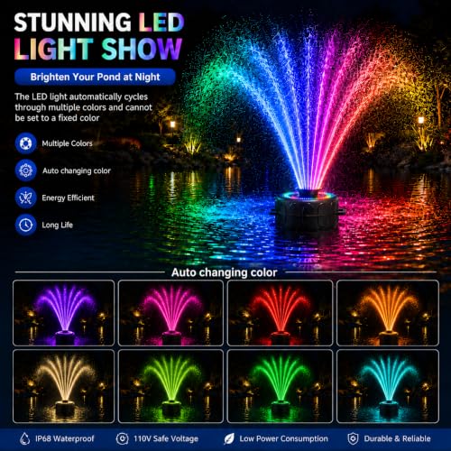 Image of Pond Fountain Aerator with Lights RGB Light 1HP 750W 110V Fountain | Fully Automatic change color, Stainless Steel Fountain Pump with 100 FT Power Cord, Pond Fountains for Small Large Pond Lake
