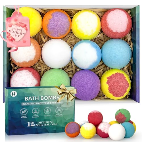Bath Bombs Birthday Gifts for Women & Men Set, 12 Pack Handmade Natural & Organic Bath Bomb with Shea Butter, Basket Set for Mothers Day Gifts for Mom, Spa Relaxing Teacher Appreciation Gifts for Wife