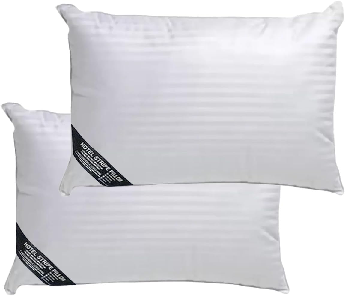 Molten Creek Pack Of 2 Molten Creek® Ultra Soft Stripe Pillows, Premium Quality Standard, Anti-Allergic, 100% Virgin Hollow Fibre Filling, Bounce Back Bed Pillows, Breathable, White (Pack Of 2)