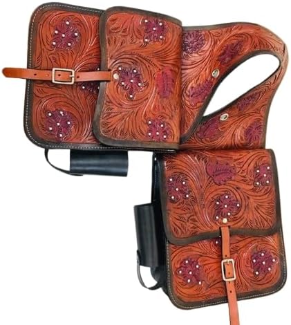 Horse Saddle Bag Cowhide Genuine Leather Western Equestrian Trail Tooling Carving Horse Saddle Bag Tooled Carved Pack Equipment Horse Saddle Bags Size: 10” L x 10” W x 3 ½” D inches, CRVD130
