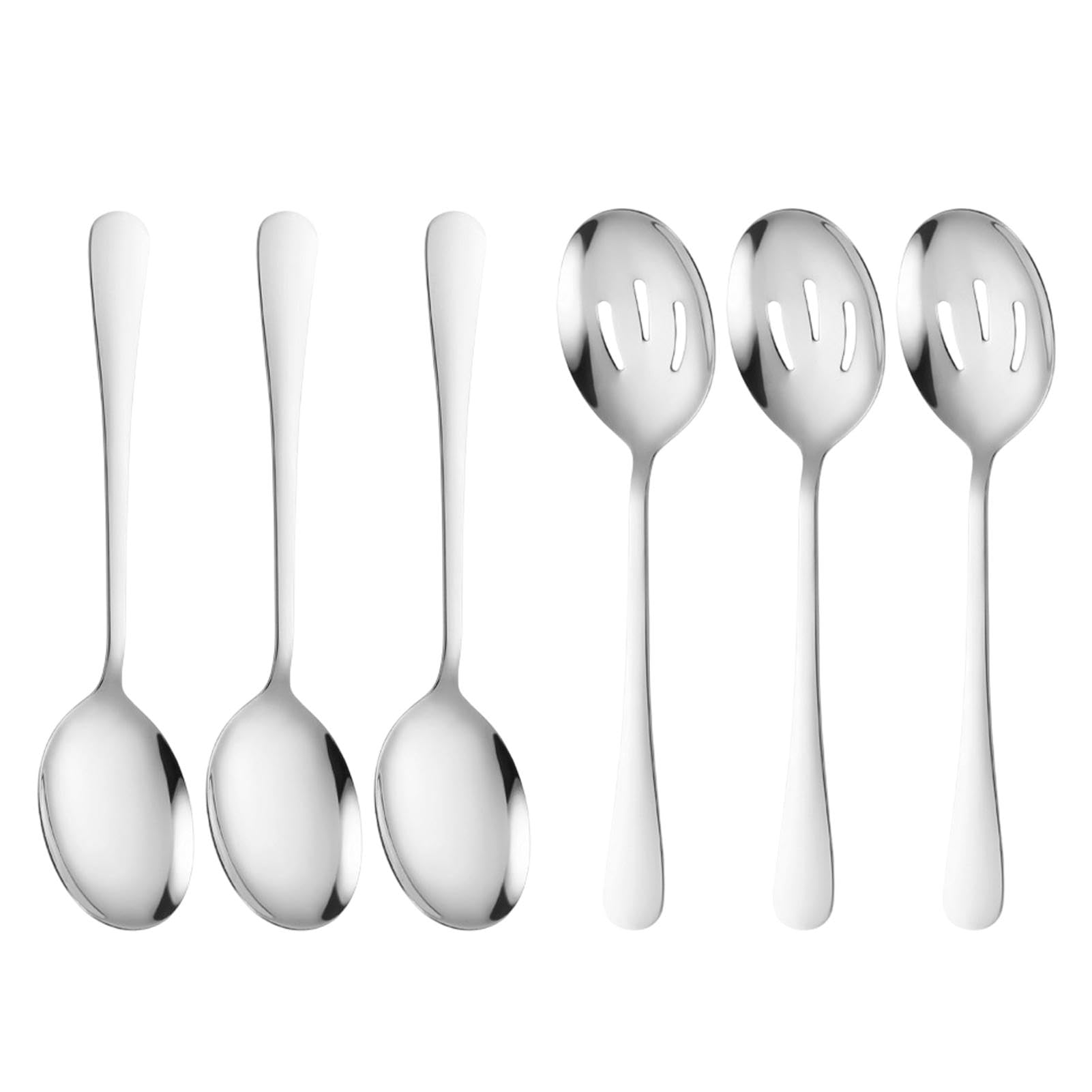 6Pcs Stainless Steel Serving Spoons Set, Include 3 Serving and 3 Slotted Large Spoons for Buffet Dishwasher Safe for Party, Banquet, Kitchen(Silver)