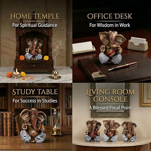 Image of Kuber Industries Set of 3 Small Bal Ganesha Figurines for Car Dashboard | Resin Ganpati Murti | Idols for Home Decor /Temple /Office Desk & Puja | Brown