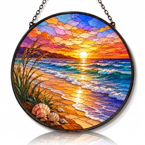 FZYGRAVH Suncatcher, Beach Sunset Printed Glass Window Decor
