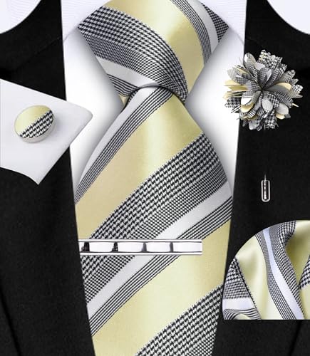 Image of GUSLESON Men's 5-pc Striped Tie Gift Set - Jacquard Necktie, Pocket Square, Cufflinks, Lapel Pin, Tie Clip - Wedding Formal Gifts
