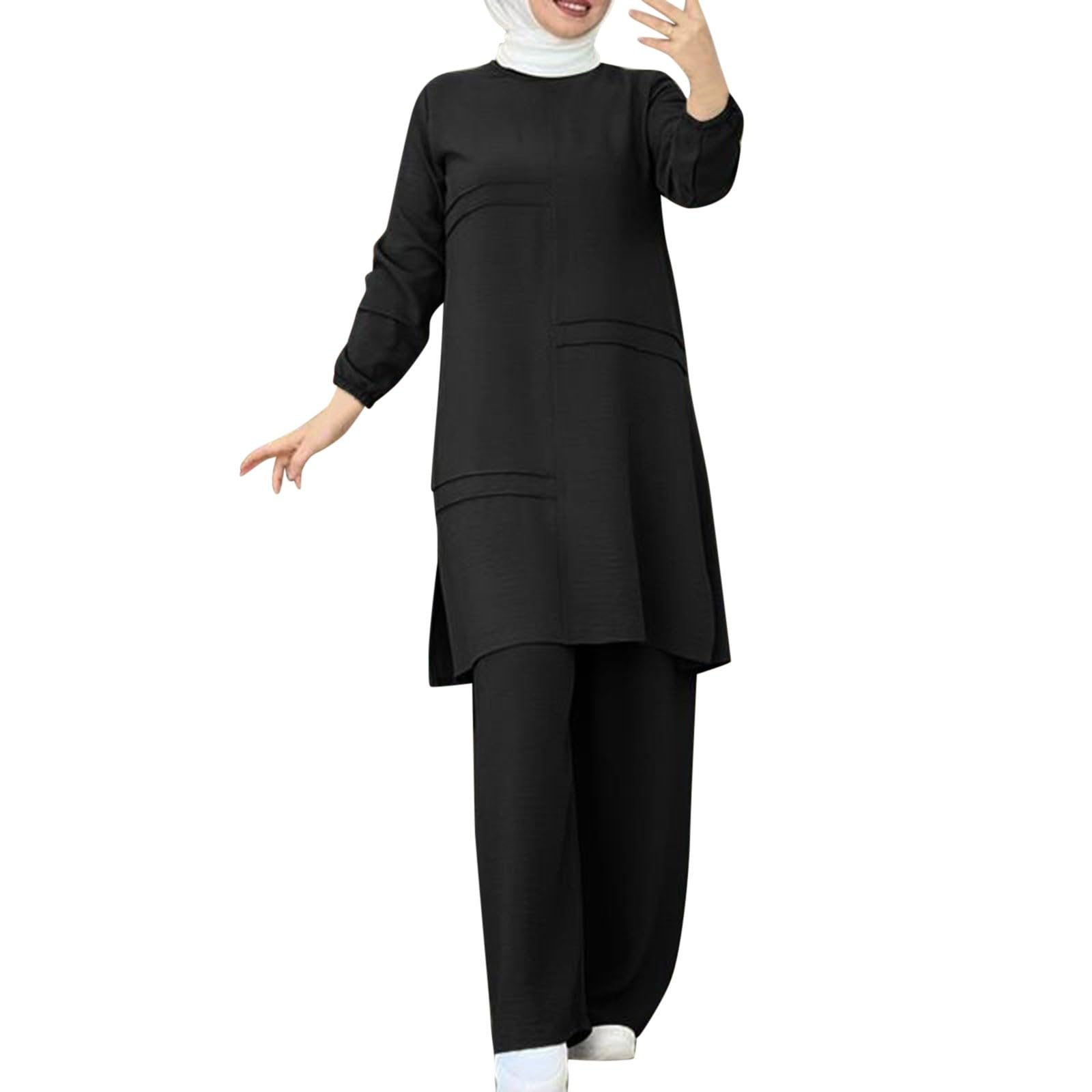 Generisch Ensemble 2 pièces musulmanes dos sur le mur pour femme, chemise à boutons à manches longues, pantalon Abaya, robe décontractée, tenue Dubaï, voile de mariée perles