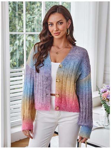 Image of MakeMeChic Women's Colorful Chunky Cropped Cardigans Button Down Long Sleeve Drop Shoulder Rainbow Sweater