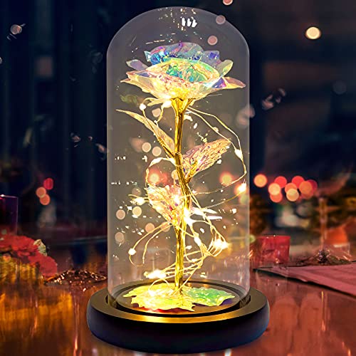 zhengshizuo Rose for Mom for Wife for Grandma for Women, with LED Lights Red Rose for Her Valentine's Day Wedding Anniversary Glass Artificial Flower Gift Set