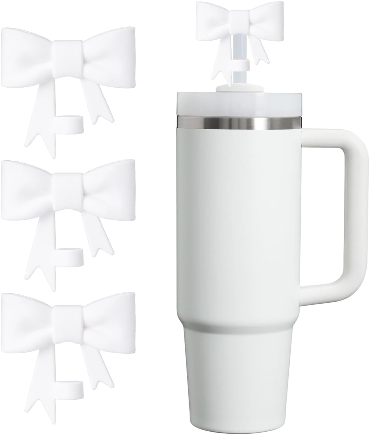 HIUSITY ホワイトボウストローカバートッパー スタンレーカップ用 タンブラー用シリコンストロートッパー ハンドル付き 40オンス かわいい10mm/0.4インチ ストローカバーキャップ 再利用可能なストロー蓋 スタンレーカップアクセサリー用 3個