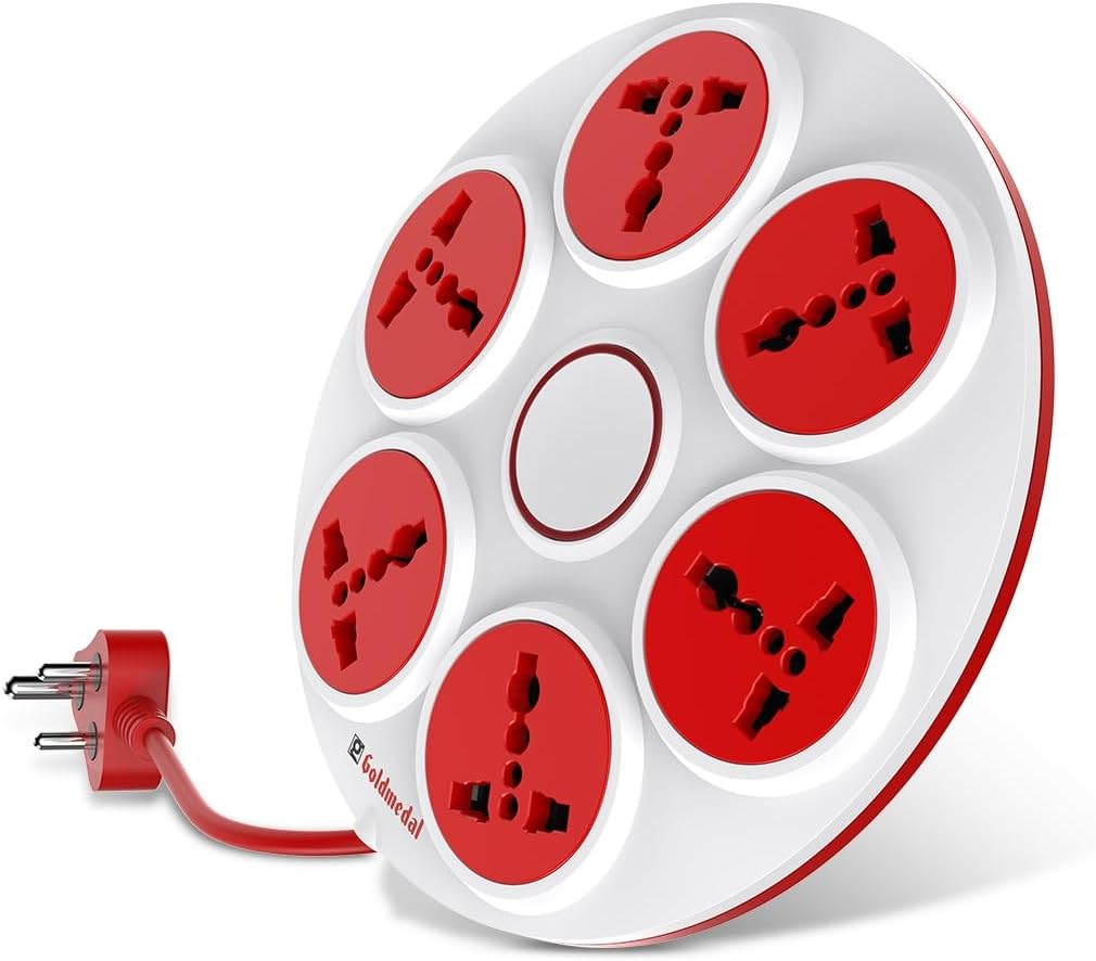 Goldmedal 360 Degree Power Strip | 6 Universal Sockets| 2-Meter Cord with Safety Shutter | Multi-Plug Board for Home Appliances & Office, Wall Mount Option - White & Red