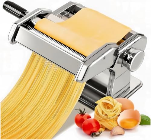 Máquina manual de pasta de acero inoxidable con 2 cortadores, soporte para secadora de pasta y 9 ajustes de grosor ajustables para espaguetis, fettuccini, lasaña