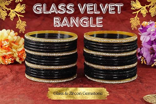 Image of NMII Fancy Glass Golden Zircon Diamond Stone & Velvet Finish Plain Bangles Set For Women & Girls | Glass Velvet Bangles | Kanch ki Chudiyan | Girl's Bangles Bracelet | Fashion Jewellery- Set of 32