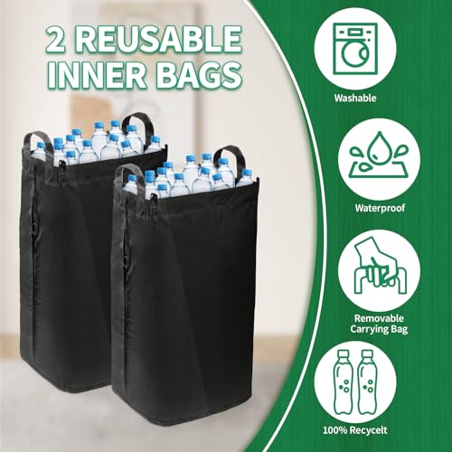 MOWETOO 110L Pfandflaschen Sammelbehälter mit Deckel & 2 abnehmbaren Tragetaschen, Groß Pfandflaschen Aufbewahrung, Behälter Leergut & Altglas Aufbewahrung, Küche Abstellraum Flaschentasche