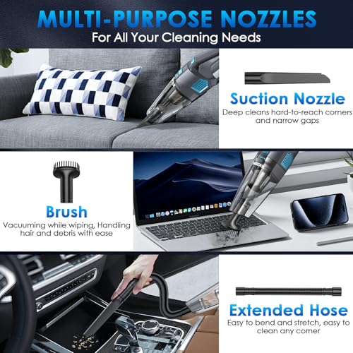 Image of Gxzsk Handheld Vacuum Cordless, 15000PA Strong Suction Hand Held Car Vacuum Cleaner Rechargeable, Portable Hand Vacuum with Multi-Nozzles & Washable Filter for Home Office, Car, Pets