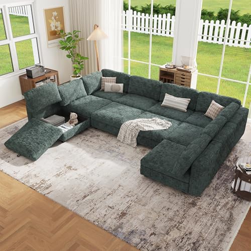 Image of 157 inch Modular Sectional Chenille Sofa bed with Hidden Storage, Comfy Modern 10 Seater Oversized Deep Seat Couch, Modular Sectional with Ottoman and Removable Cover for Living Room, Apartment, Green