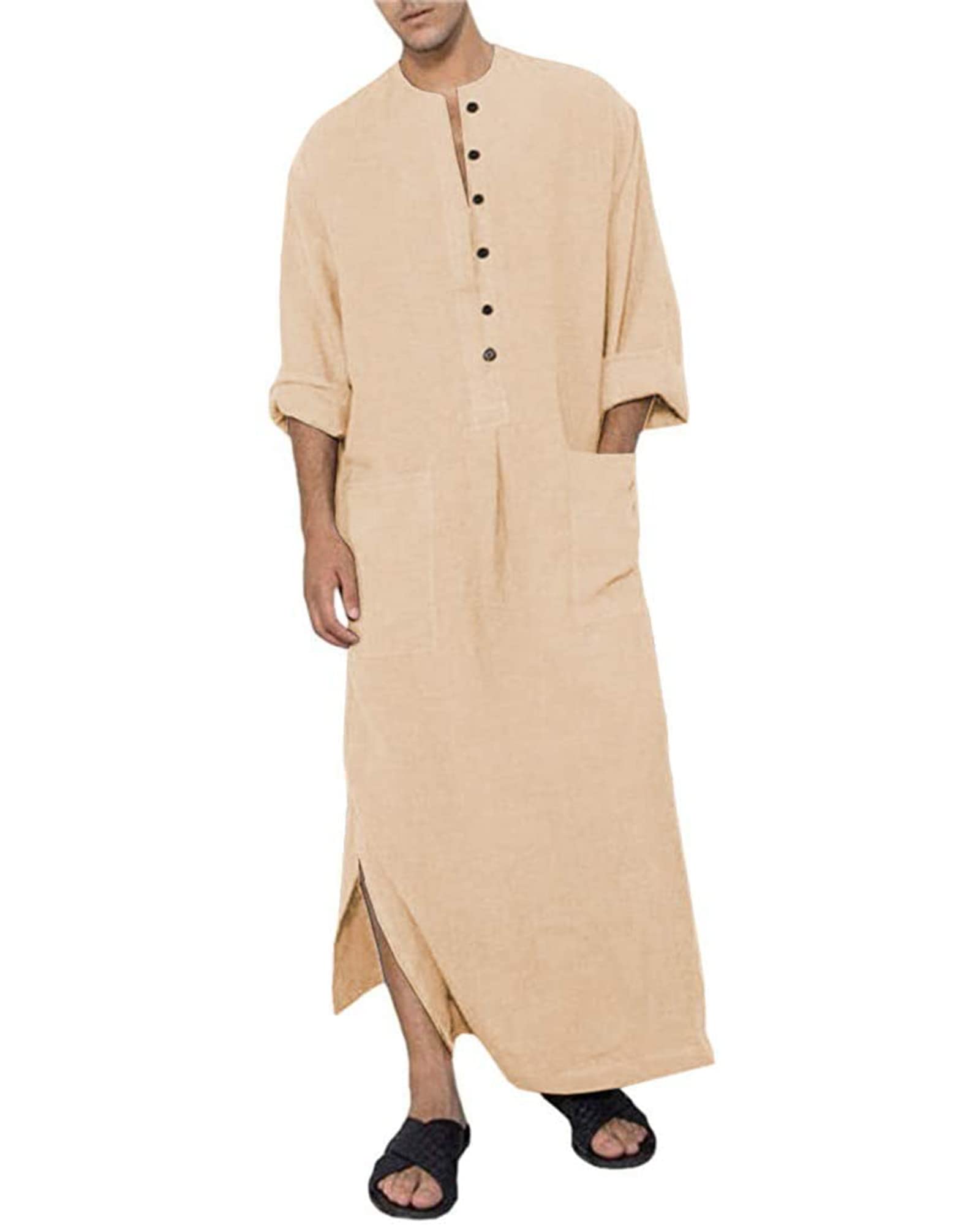 YAOHUOLEMen's Long Sleeve Robe Side Split Kaftan Thobe with Pockets Long Gown Button Up Casual Shirt