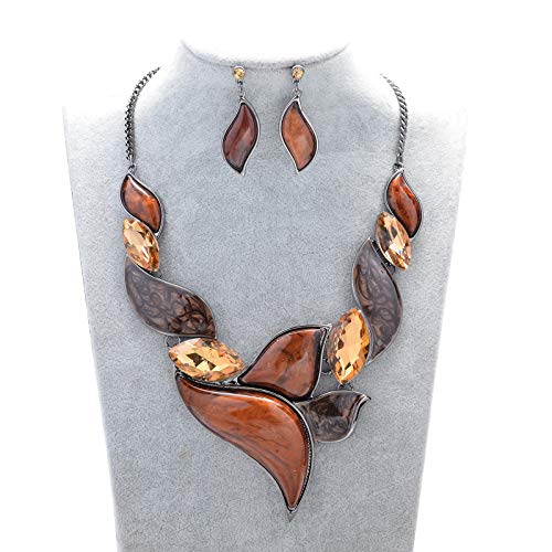 Fenni Jewelry Retro Women's Crystal Floral Petal Leaf Chunky Statement Necklace And Earrings Set Party Jewelry (Brown) #TOP1