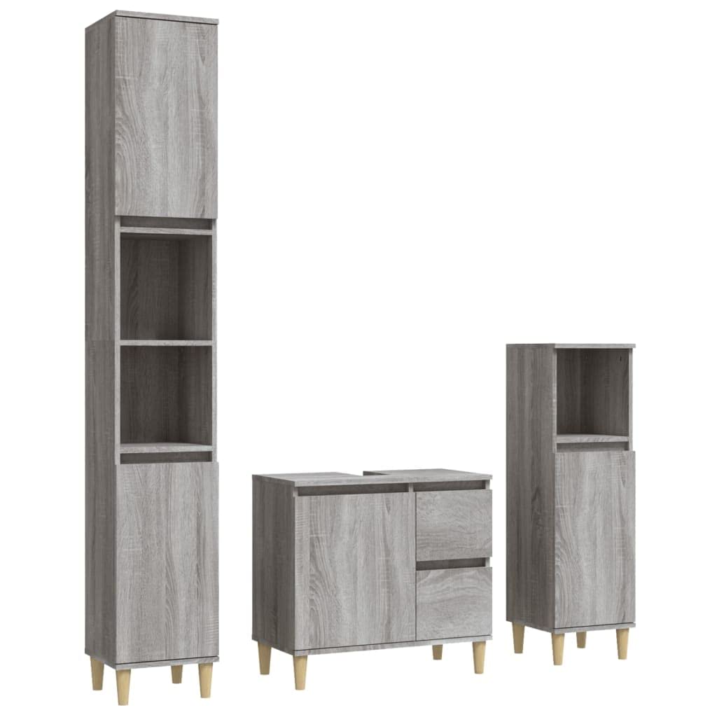3-TLG. Badmöbel-Set Grau Sonoma Holzwerkstoff,Badschrank mit Holzbeinen, Badezimmer Unterschrank Hochschrank Midischrank, Badezimmermöbel