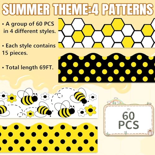 Image of Whaline 69 Ft Summer Bulletin Board Borders Bee Honeycomb Dot Flower Self-Adhesive Bulletin Board Trim for Bee Day Decoration Party Home Office