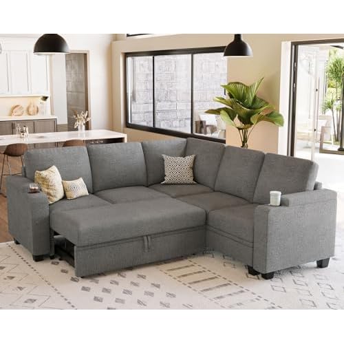 Belffin Chenille Modular Sectional Sofa with Pull Out Bed L Shaped Corner Couch with Storage Convertible Sleeper Sofa Bed. Light Grey Light Grey Corne