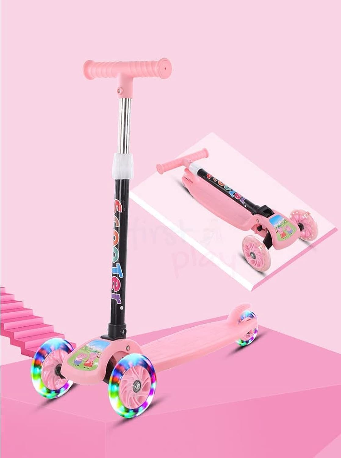 KIDDIE FUN Road Kings Kids Scooter with 5 Height Adjustable & Fold-able Handle I Multicolor Flashing LED Wheels I Scooter for Kids Above 2 Years (Pink)