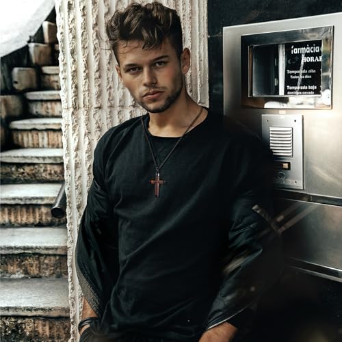 Wooden Cross Necklace for Men, 【Hand-Inlaid Real Sandalwood 】 Mens Cross Necklaces Christian Black Stainless Steel Crucifix Pendant, Includes 24" Round Box Chain3