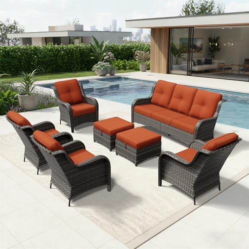 Image of Joyside 7 Piece Wicker Patio Furniture Set, Rattan Patio Chairs with High Back, Deep Seating, Wide Armrest, Thickened Cushions, Outdoor Furniture for Deck, Porch Use