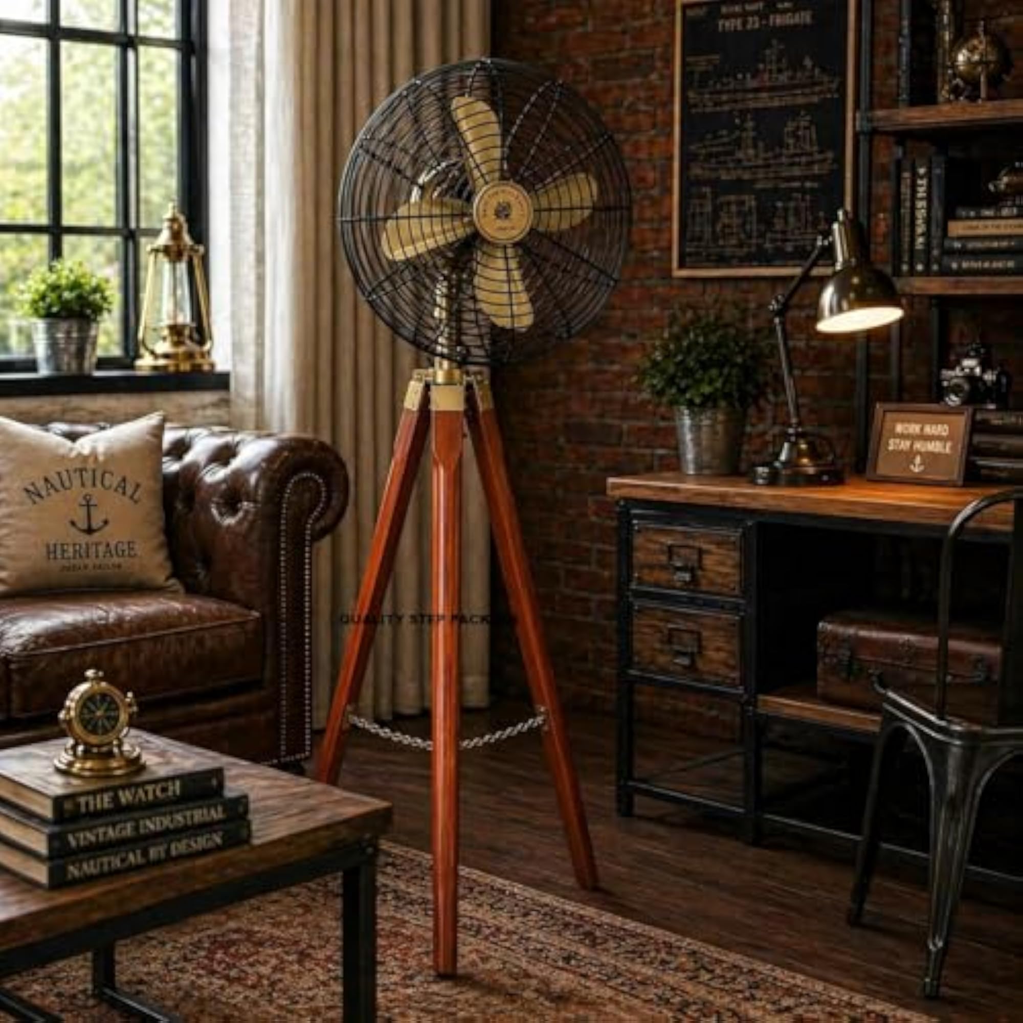 Vintage Tripod Floor Fan with Brass Accents