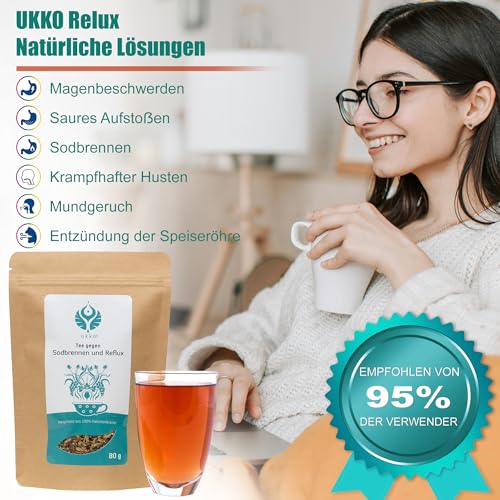 UKKO Reflux Teemischung, Natürliche Premium Kräutertee lose gegen Sodbrennen Säure Reflux, Magen Darmtee für verdauung, Magen Balance Basentee, Anti-Inflammatory, 80g, Glutenfrei, Vegan, Made In EU
