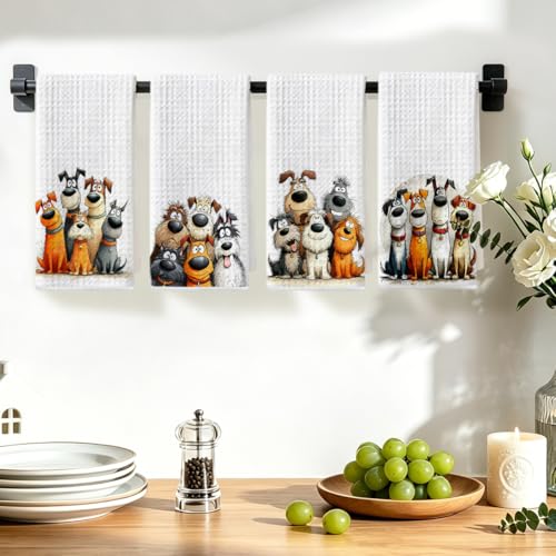 Image of 4 Pcs Cute Dog Kitchen Towels 24x14 Inch, Dogs Gifts Reusable Dish Towels for Kitchen Bathroom Decor, Waffle Weave Absorbent Hand Cloth Tea Towel, Cute Dog Lover Gifts for Women Mom Friend