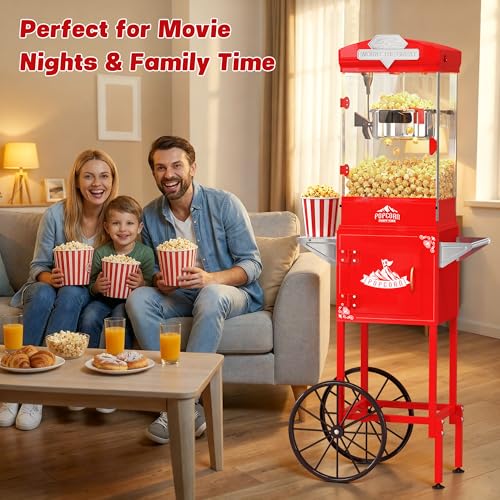 Image of Popcorn Machine, 10 Oz Vintage Popcorn Machine Cart with Wheels, Professional Movie Theater Style Popcorn Popper Makes Up to 40 Cups, Popcorn Maker Machine for Home & Commercial (Crimson Red)