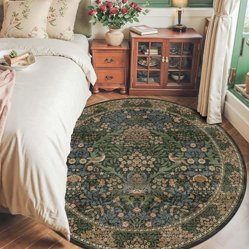 Tapete redondo 6 ft floral boho vintage verde lavable miniatura 1