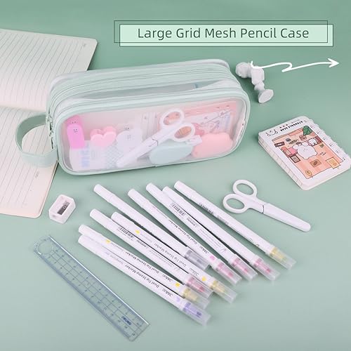 Image of Oyachic 2 Compartment Pencil Case Clear Mesh Pen Pouch Grid Makeup Cosmetics Bag Transparent Marker Organizer Office Business Travel Adults,green