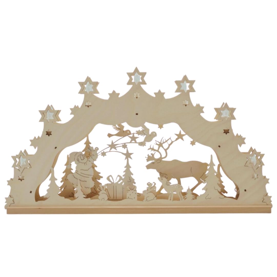 Lichterbogen ELB – Motiv Weihnachtsmann mit Geschenk | 32 x 56 x 5 cm – Schwibbogen aus Holz – Leuchtbogen mit 7 Kerzen – Original Erzgebirge Fensterbogen – Weihnachtsdeko