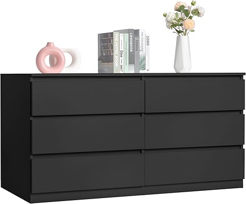 Spaco Cómoda negra para dormitorio, cómoda moderna de 6 cajones con cajón profundo, amplia cómoda de almacenamiento, muebles organizadores de