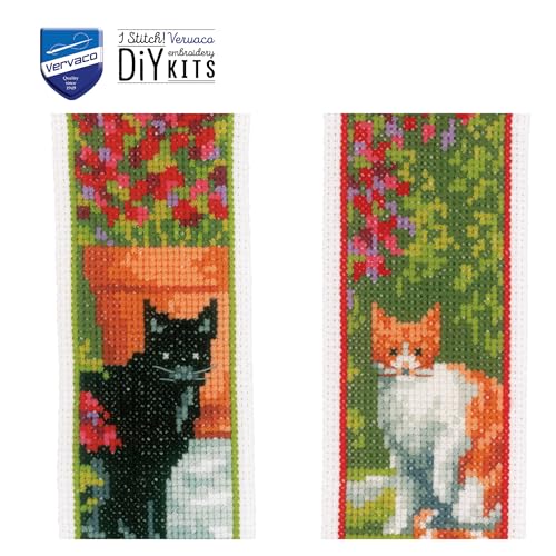 Image of Vervaco Cross Stitch Embroidery Kit for Adults, Cross Stitch Set Pre-printed with Embroidery Design on 100% Cotton Fabric, Embroidery Templates 2,4 x 8 Inches - 6 x 20 cm, Set of 2, Bookmark Kit, Cats