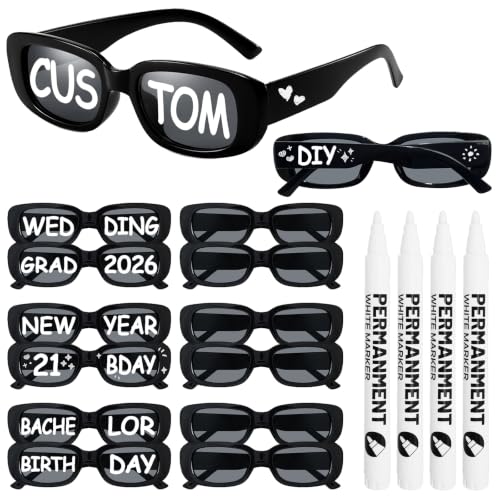 SUNOVELTIES 16 Personalized Black Rectangle Sunglasses with 4 White Marker Pens for Adult DIY Custom Birthday Wedding Party Favors by SUNOVELTIES - Used condition - US$18.96