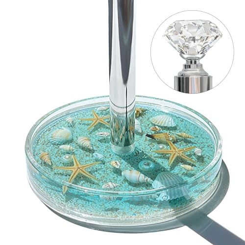 Image of FONMY Paper Towel Holder Countertop Acrylic w /Nature Seashell Handmade,Seascape Standing Paper Towel Roll Holder for Kitchen Bathroom, with Weighted Base Suction Cups for One-Handed Operation (Blue)