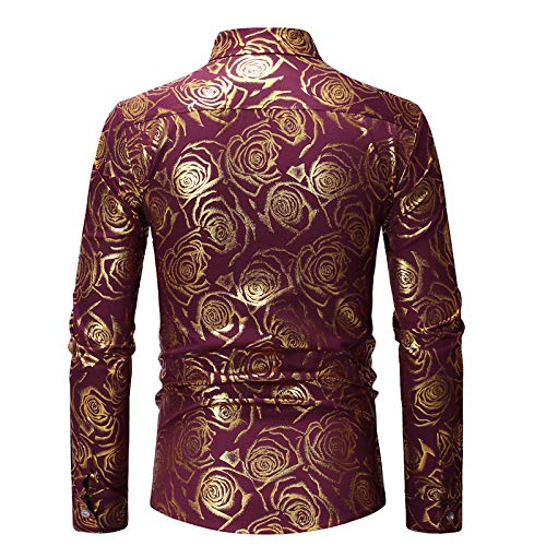 Herenmode bloemenroze bedrukte overhemden met lange mouwen, gala-bruiloftsoverhemden met knopen, casual slim-fit klassieke zakelijke overhemden - Afbeelding 3