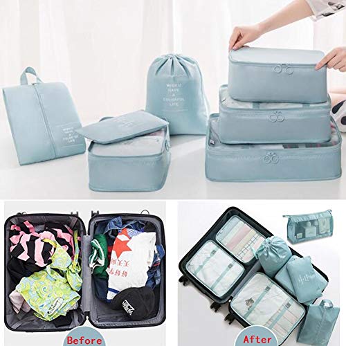 Image of Travel Packing Cubes, Toifucos Multifunction 8pcs /set Luggage Organiser Compression Suitcase Essential Bag, Blue