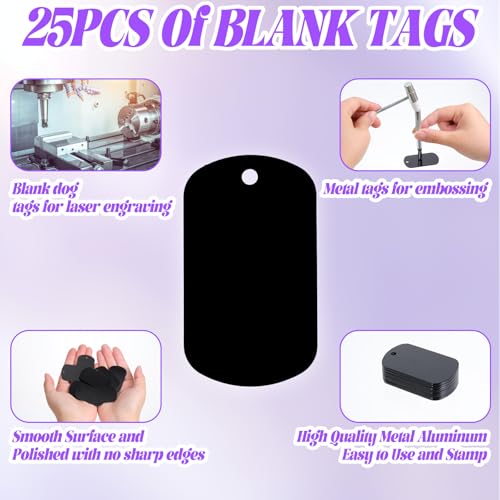 BOHUIZ 25 Stück Aluminiumgravur Rohlinge, Dog Tags Schlüsselanhänger Rohlinge Mit Loch Schwarze Metall-Tags zum Gravieren Blanko-Hundemarken Blanko-Schilder zum Gravieren