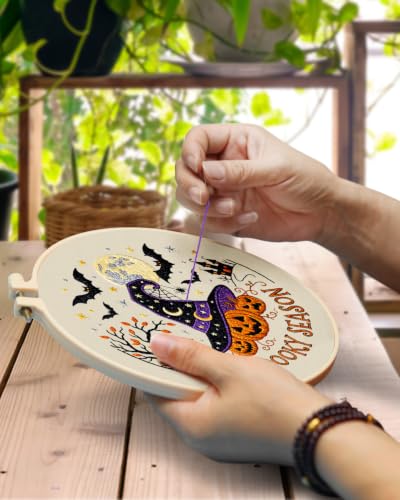 Image of TINDTOP Halloween Embroidery Kit for Adult, Embroidery DIY Starter Kit, with Stamped Patterns, Hoop, Tools, Colorful Threads with Needles, Instructions (Halloween A)